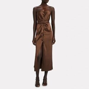 Nanushka Women’s Satin Sayan Slip Dress Brown button & tie detail Size S Midi